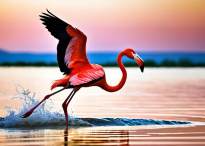 flamingo taking off from water