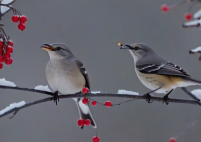 Northern Mockingbird eating berries in winter