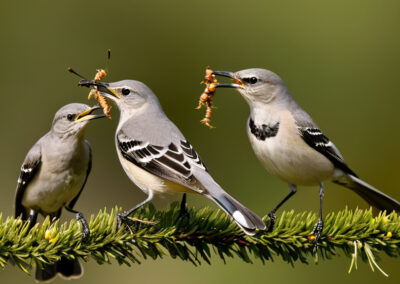 Northern Mockingbird eating insects in summer