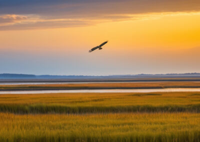 Northern Harrier gliding low over fields