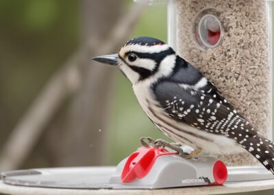 Downy Woodpecker feeding from a bird feeder