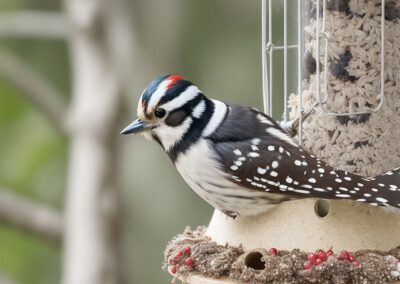 Downy Woodpecker feeding from a bird feeder