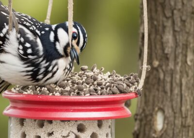Downy Woodpecker feeding from a bird feeder