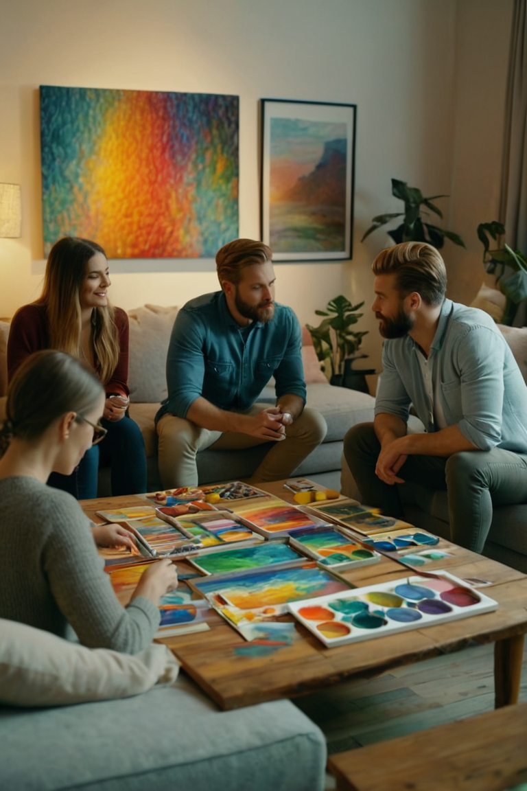 A group of people sharing and discussing their colored artwork in a cozy setting.