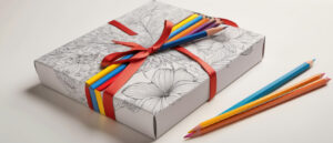 A beautifully wrapped gift box with a coloring book and a set of colored pencils.