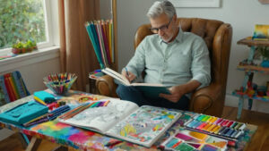 A person sitting relaxed in a chair, coloring in a book with a colorful spread of art supplies around them.