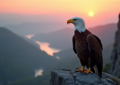 American Bald Eagle perching on a cliff in sunset