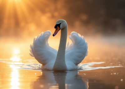 a stunning Mute Swan gliding through a misty lake at sunrise