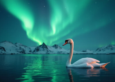 A single swan floating on an Arctic lake under the magical glow of the Northern Lights
