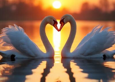 A romantic scene of two swans facing each other on a calm lake