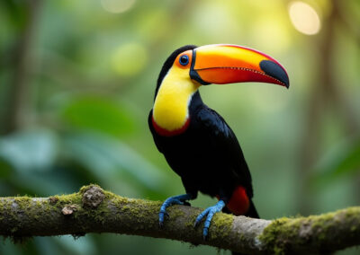 A close-up, highly detailed portrait of a toucan perched on a moss-covered branch