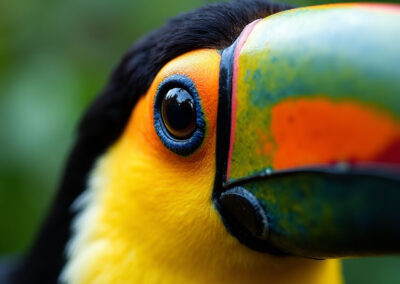 An extreme close-up of a toucan's eye and beak