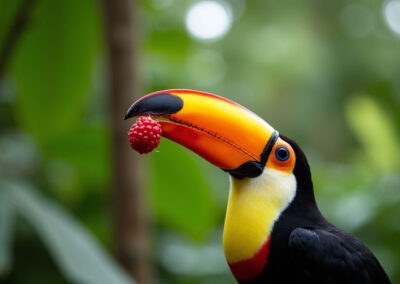 A toucan tossing a berry into the air before catching it in its beak