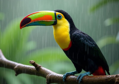 A toucan perched on a branch in the middle of a light tropical rain shower