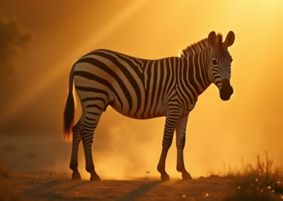 A zebra standing in a sunbeam during golden hour