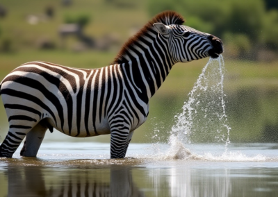 Zebra shaking water after drinking