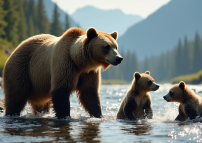 Mother bear and cubs refreshing in the water