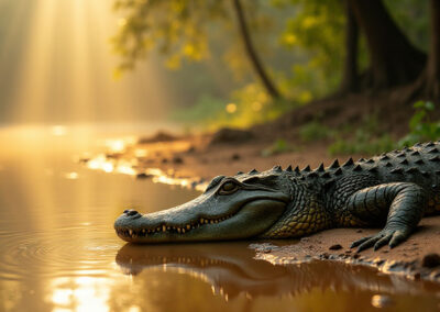 a crocodile resting on a muddy's river bank