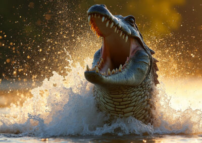 A massive saltwater crocodile bursts out of the water