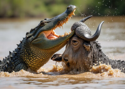 A fierce Nile crocodile wrestling with a wildebeest in the muddy waters of the Mara River