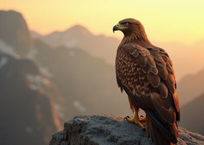 A golden eagle perches on a rocky cliff