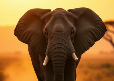 an African elephant walking in sunrise
