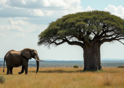 An elephant standing next to a huge Baobab tree