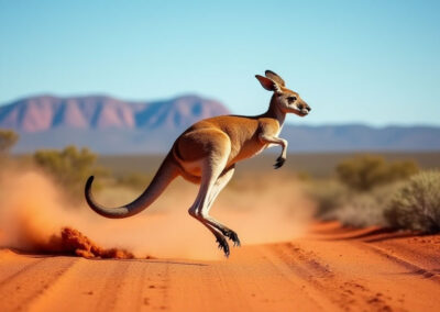 A powerful shot of a kangaroo mid-leap,