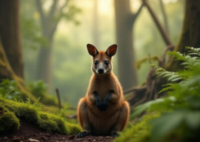 A stunning photograph of a swamp wallaby in a lush Australian rainforest