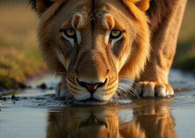 Lion drinking from a pond