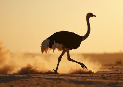 An ostrich captured mid-stride as it runs across the dusty plains of the Serengeti