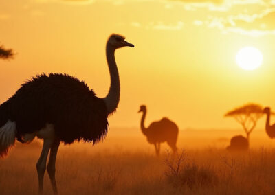 A pair of ostriches silhouetted against a breathtaking African sunset