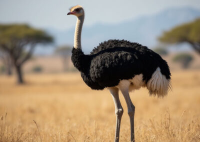 A full-body portrait of an ostrich standing proudly in the African savanna