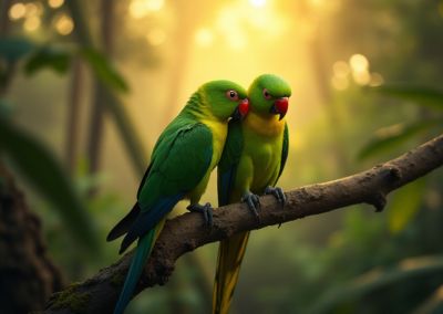2 green parrots on a tree branch
