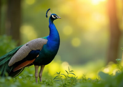 A majestic peacock standing tall in a lush green forest