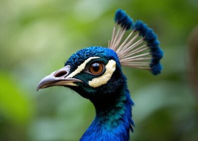 Close-up of a peacock's head, showing intricate details of its crest