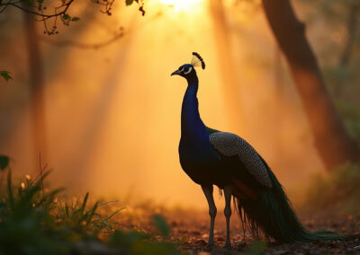 A wild peacock in an Indian jungle at sunrise