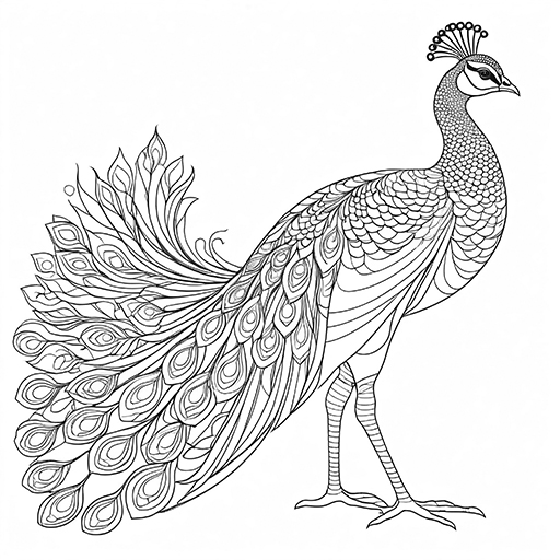 A peacock, hand drawn in thick outlines