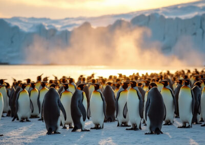 A massive colony of King Penguins standing on an icy shoreline