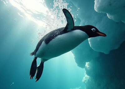 An Adélie Penguin diving gracefully into the crystal-clear Antarctic waters