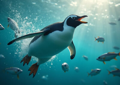 A penguin chasing a school of silver fish through icy waters
