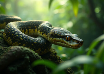 A majestic reticulated python slithering through the dense tropical rainforest