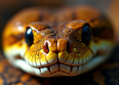 An extreme close-up of a Burmese python’s face