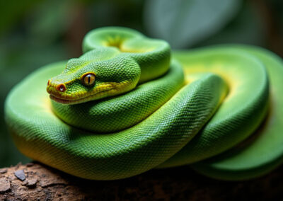A striking image of a coiled green tree python