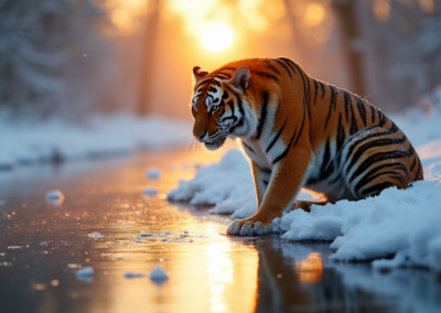 Siberian tiger looking at its reflection in the water