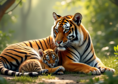 A tiger mother and its baby cubs