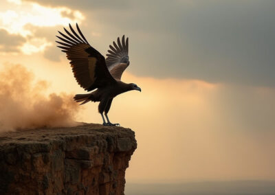 a vulture taking off from a cliff