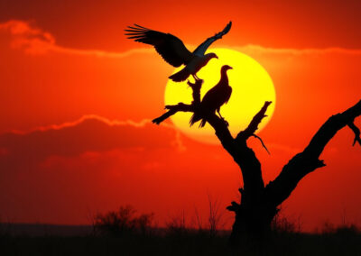vultures perched on a dry tree in sunset