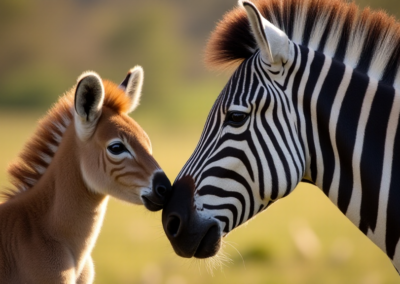 A mother zebra nuzzling her young foal