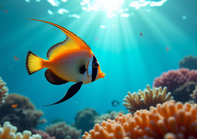 a queen angelfish swimming near a coral reef in the Caribbean Sea,